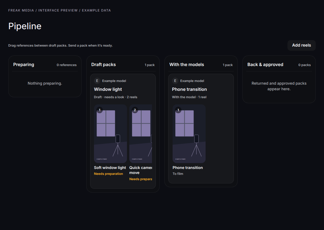 Creative Direction interface with example data